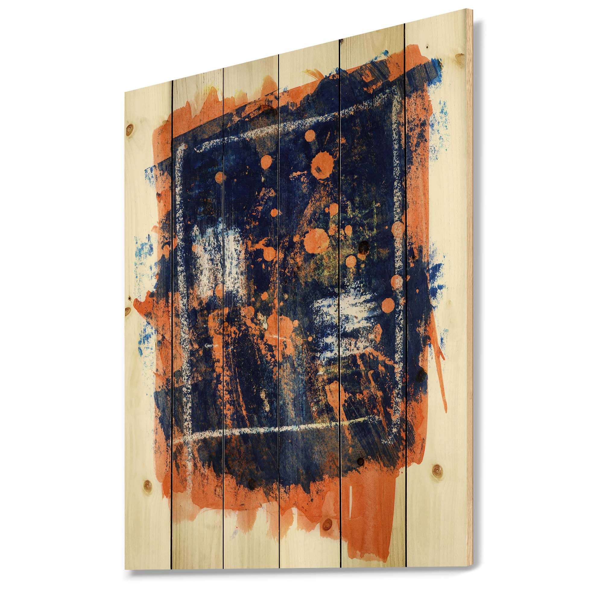 Designart 'Navy Blue and Orange Abstract' Modern Print on Natural Pine Wood
