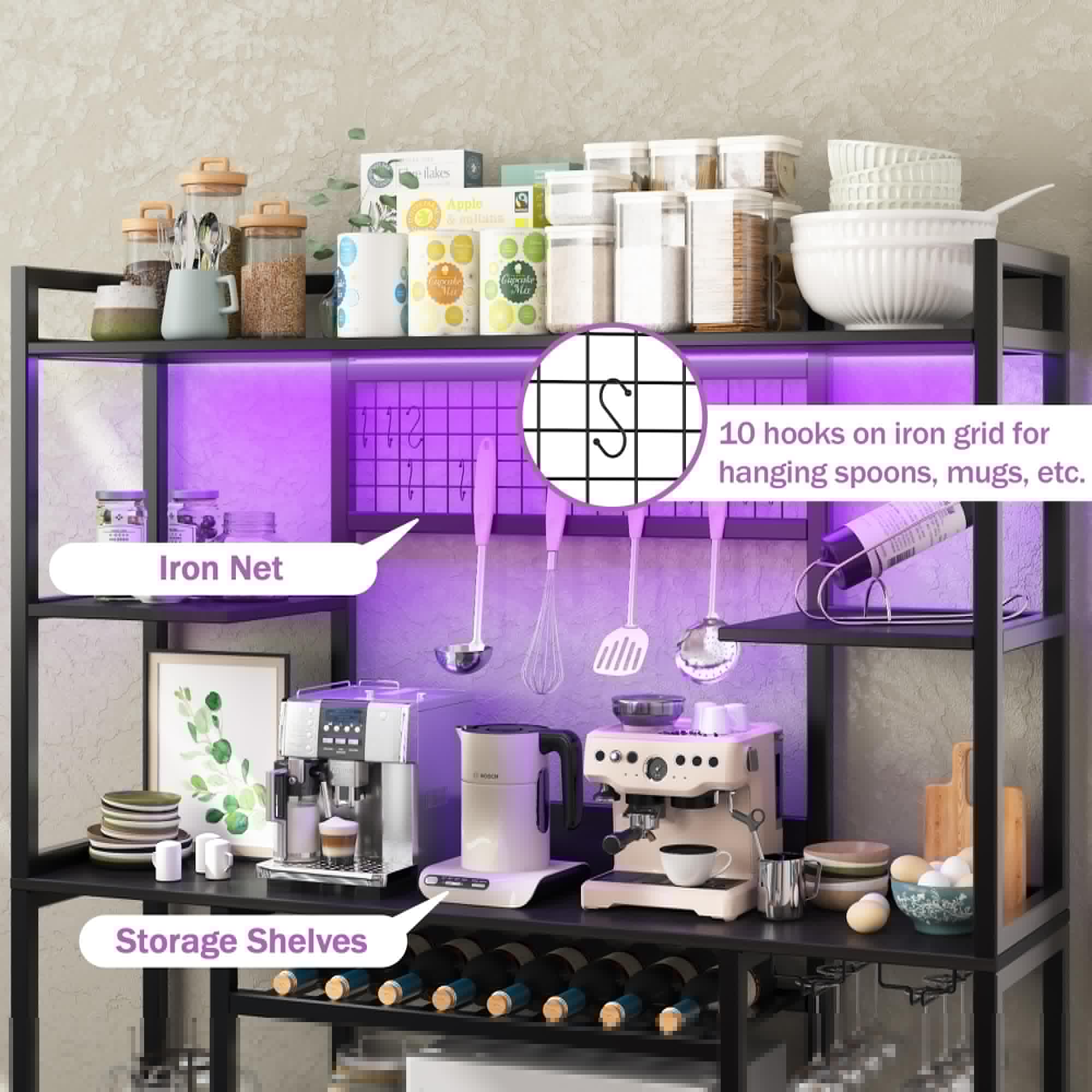 thumbnail image 5 of 55" Bakers Rack with Power Outlet and LED Light, 5-Tier Kitchen Microwave Stand Coffee Bar with Storage, 10 Hooks, Wire Basket, Metal G rid, Wine Rack, Goblet Holder,, 5 of 7