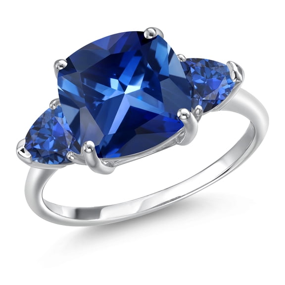 Gem Stone King 10K White Gold Blue Created Sapphire Engagement Ring for Women | 6.40 Cttw | Cushion 10MM | Gemstone September Birthstone | Size 6