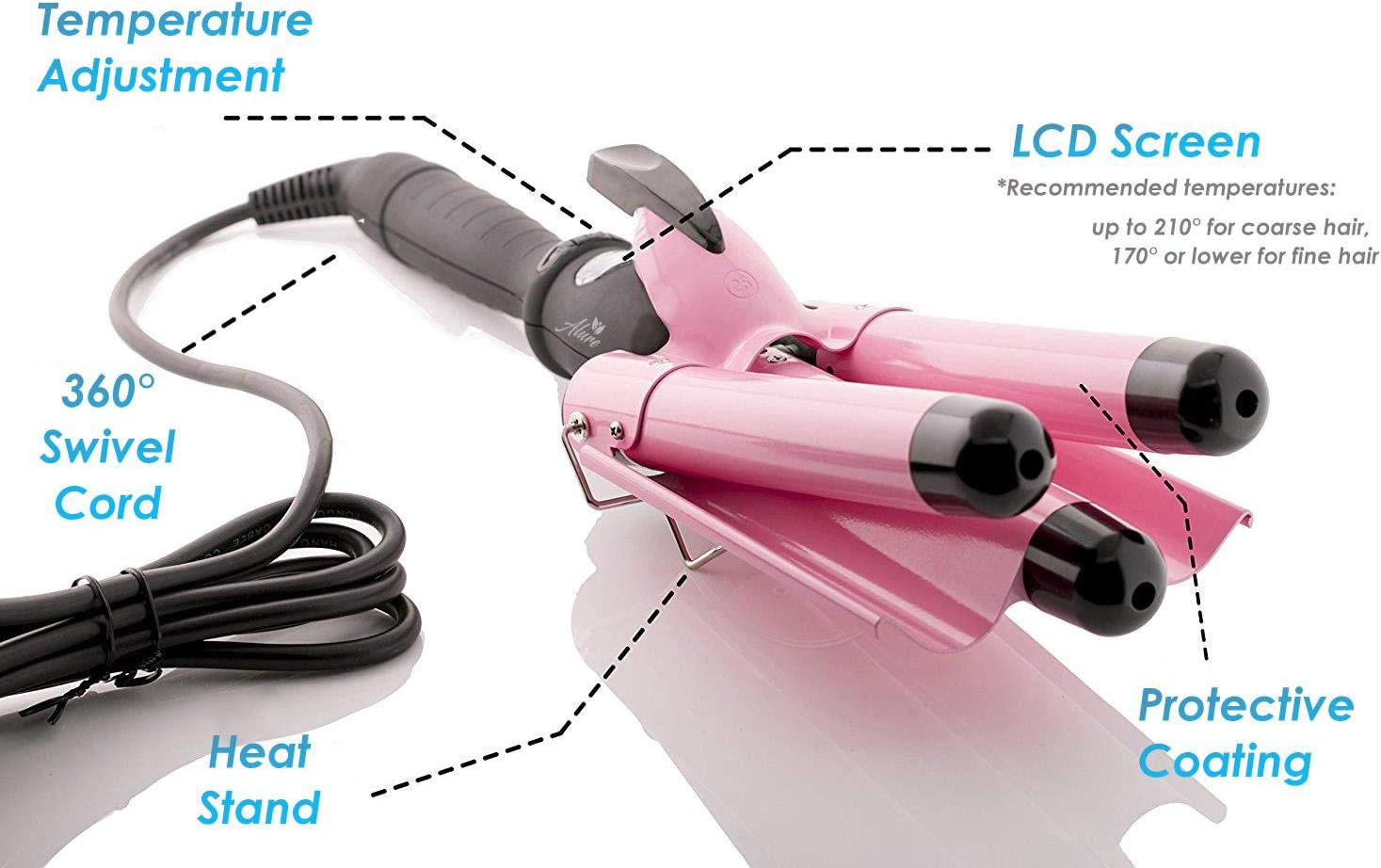 3 BARREL CURLING IRON WAND, JUNGLE WAVE 1″ CERAMIC TRIPLE BARRELS HAIR CRIMPER WITH LCD DISPLAY, GIFT FOR MOTHER’S DAY, PINK
