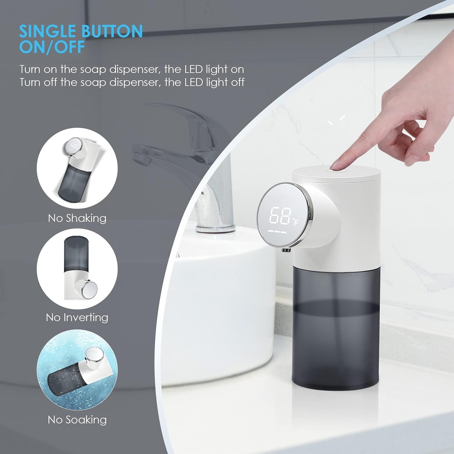 Automatic Touchless Soap Dispenser for Kitchen Sink, Electric Dish Foam Soap Dispenser with Temperature Display, Rechargeable Waterproof Soap Dispenser for Bathroom, Office, Hotel, Restaurant