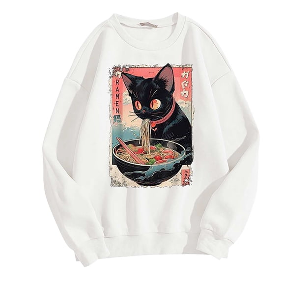 Cat Ramen Japanese Funny Graphic Tees Cute Cat Anime Hoodies Front Zip Jacket Women Drop Shoulder Sweater Knit Tunic Tops Women Going Out Tops Women Light Zipper Sweatshirt Baggy Sweatshirt Women