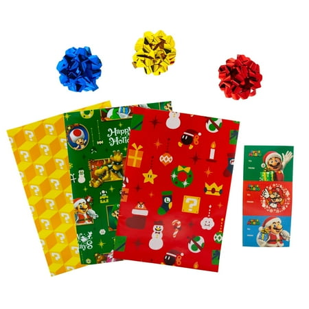 HALO Branded Solutions PresNok Inc. Super Mario Bros. 9-Piece Holiday Wrapping Paper Kit | Bundle Includes 3 Sheets, 3 Gift Tags, 3 Ribbon Bows