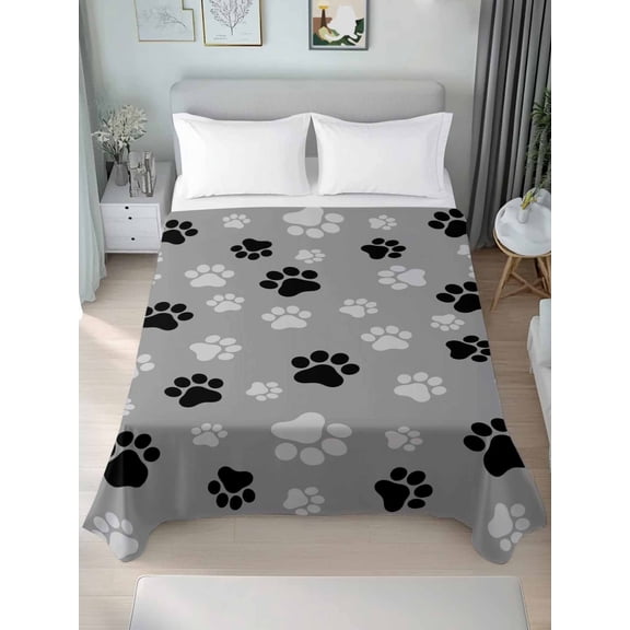 Pet Paw Printed King Size Flat Sheet, Wrinkleproof & Fadeproof Cooling Flat Bed Sheet Only, Modern Black Grey Watercolor Dog Claws Breathable Soft Bedding Top Sheets 105 x 98 Inches