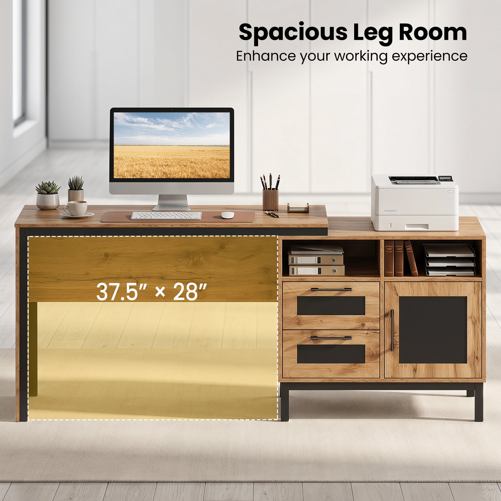 Costway 71” Executive Desk with Open Compartments, Storage Drawers & Single-Door Cabinet Natural