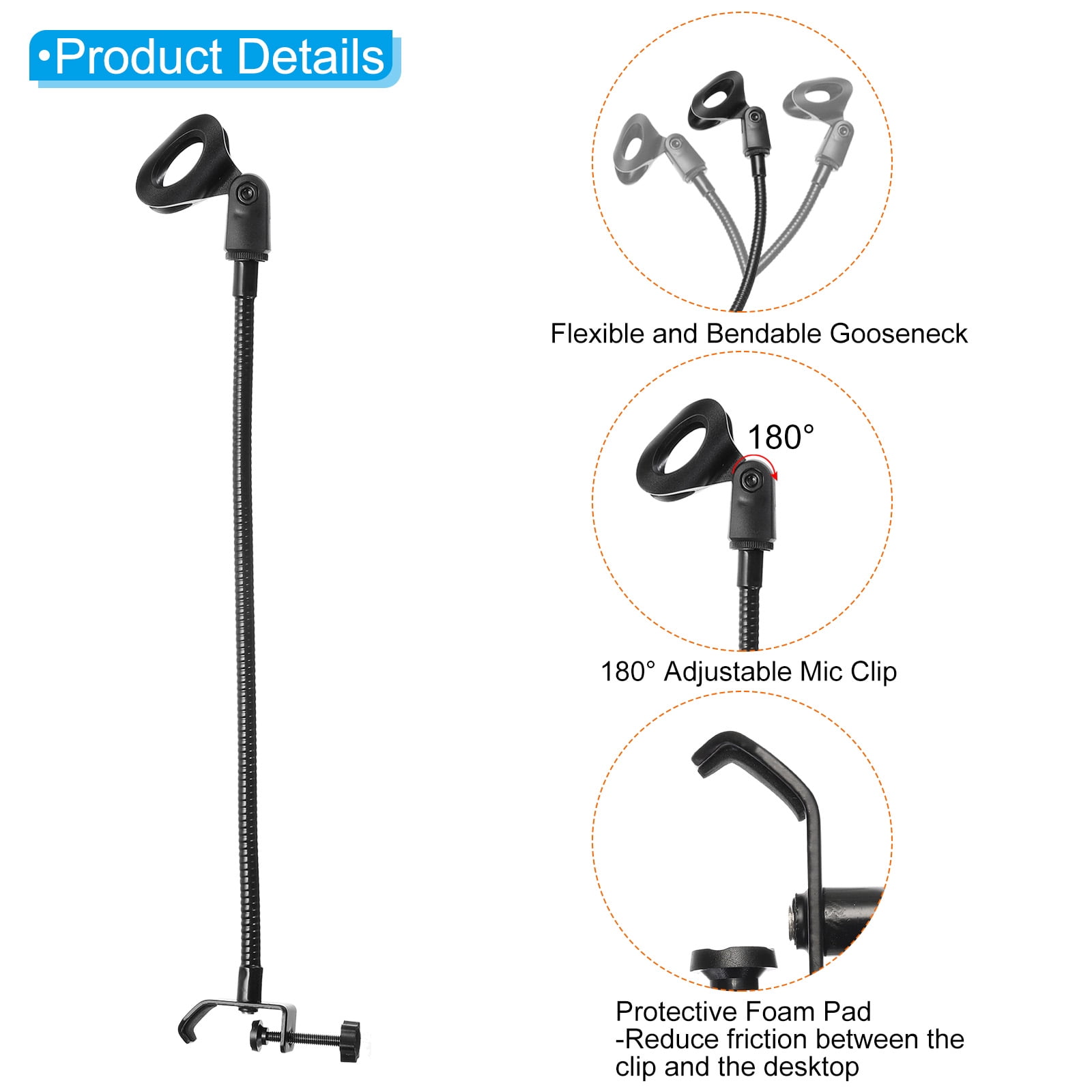 Uxcell 18.5" Gooseneck Desk Mic Stand with Clip, 3/8" to 5/8" Mic Holder, Black, 2Pcs