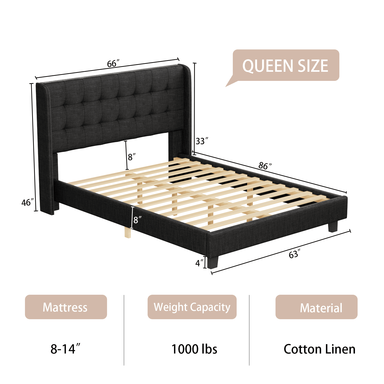 Nathaniel Home Cotton Linen Tufted Upholstered Bed, Queen Platform Bed Frame, Low Profile Platform Beds Strong Wooden Slats, Adult Black