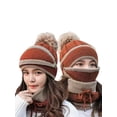 thumbnail image 3 of 3 in 1 Winter Knitted Beanie Hat Face Neck Warmer Set for Women Girls Fleece Lining Ski Caps with Pompom, 3 of 6