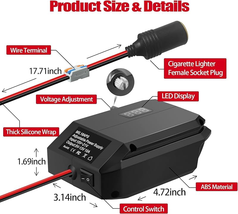 18V/20V to 12V Step-Down Converter for Milwaukee Makita Dewalt Bosch Einhell 18V Battery, Battery Adapter, Cigarette Lighter Adapter,Power Wheel Adapter for All Car Appliances Car Refrigerator Use