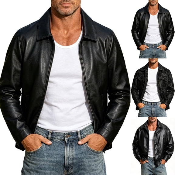 Smsaxvxz Leather Jacket for Men Fashion Lapel Long Sleeve Full Zipper Casual Coat Versatile Everyday Men's Outerwear Black XL