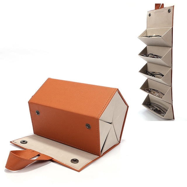 Organizador portátil de gafas de sol de viaje marrón, soporte plegable de pared con 5 ranuras.