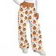 thumbnail image 2 of Wide Leg Pants for Women Halloween Pumpkin Star Print High Waist Drawstring with Side Pockets Loose Fit Lounge Pajama Pants for Relaxed Days Beige L, 2 of 3