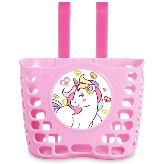 MINI-FACTORY Kid's Bike Basket, Pink Cute Lovely Unicorn Pattern Bicycle Front Handlebar Basket for Kid Girls