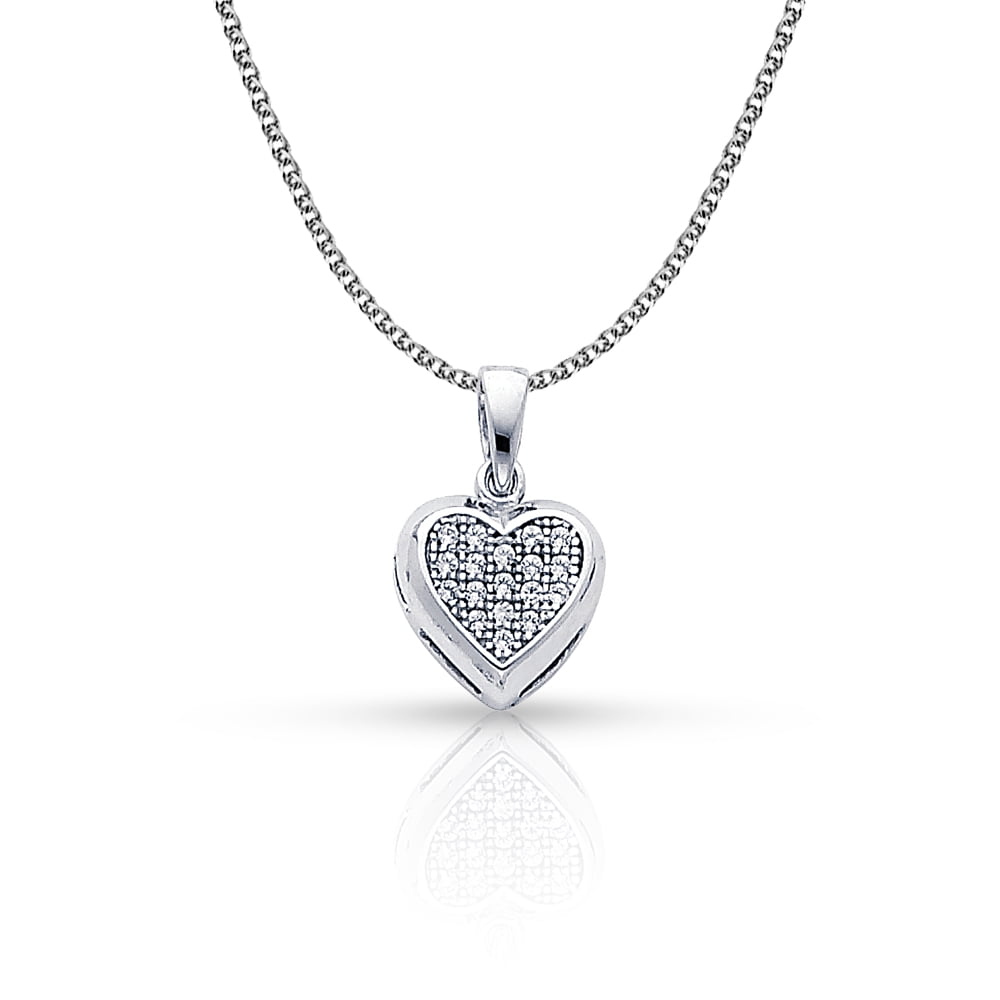 14K White Gold Heart Cluster Cubic Zirconia CZ Charm Pendant with 1.3mm Flat Open Wheat Chain Necklace