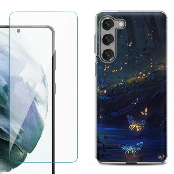 Shockproof Fashion Phone Case for Samsung Galaxy S23 5G, with Tempered Glass Screen Protector, by OneToughShield ® - Fireflies Butterfly