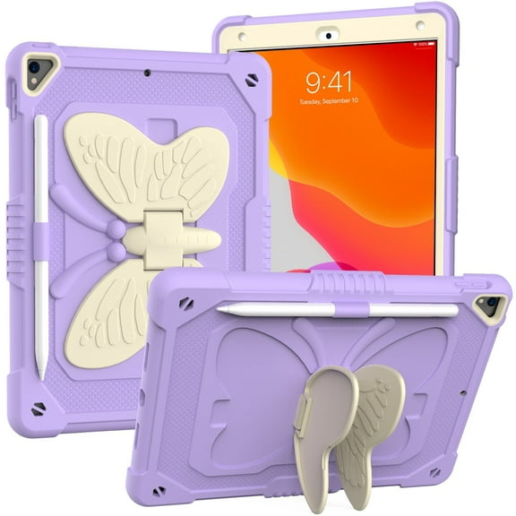 For Apple iPad 9th /8th /7th Gen 10.2 inch Butterfly Wings Kickstand 3in1 Tough Hybrid with Pencil Holder Heavy Duty Rugged Shockproof Full Protective Case Cover [Purple]