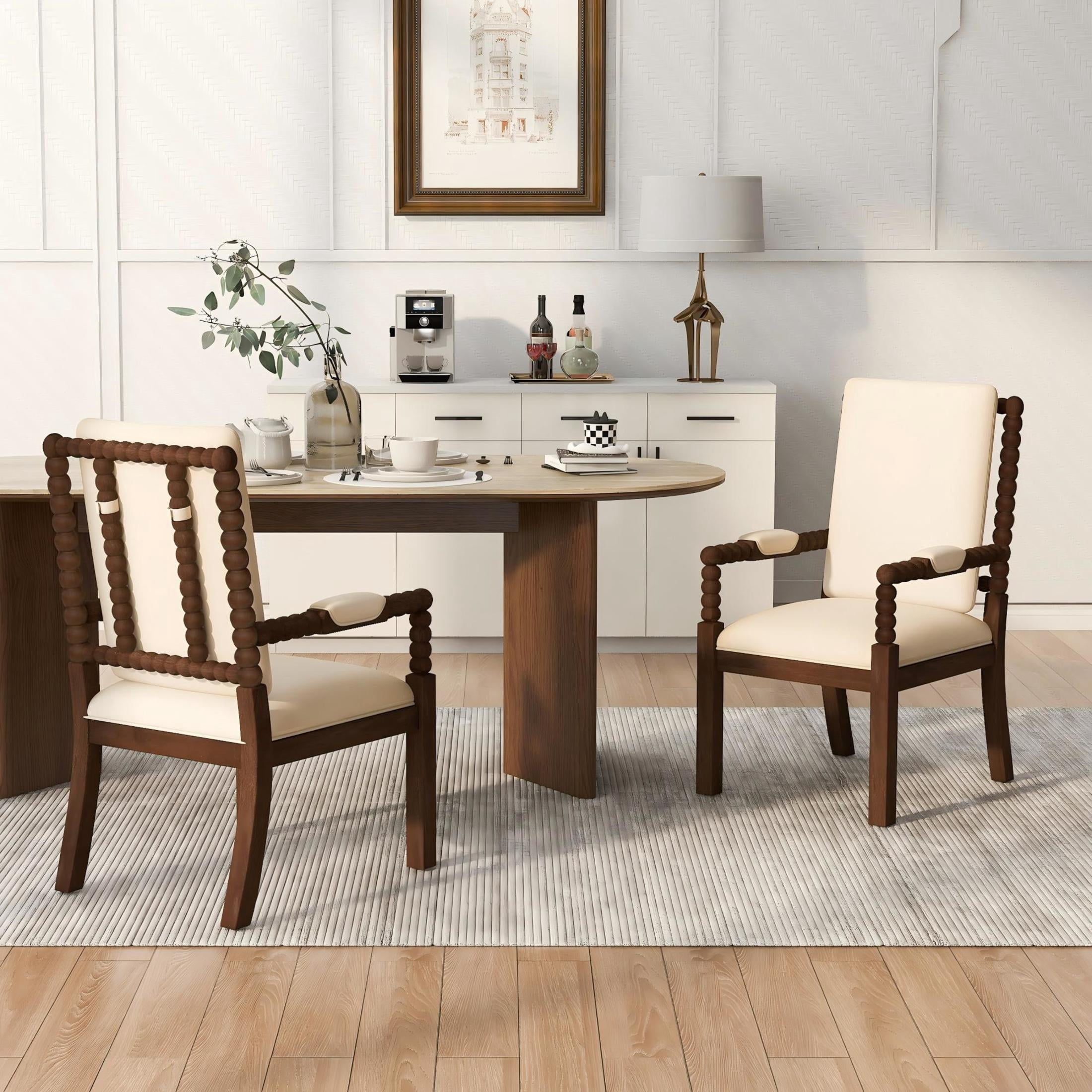 Noble House Stefan Rubber Wood Upholstered Dining Chairs, Ergonomic Comfort Kitchen Chairs, Walnut & Beige, Set of 2