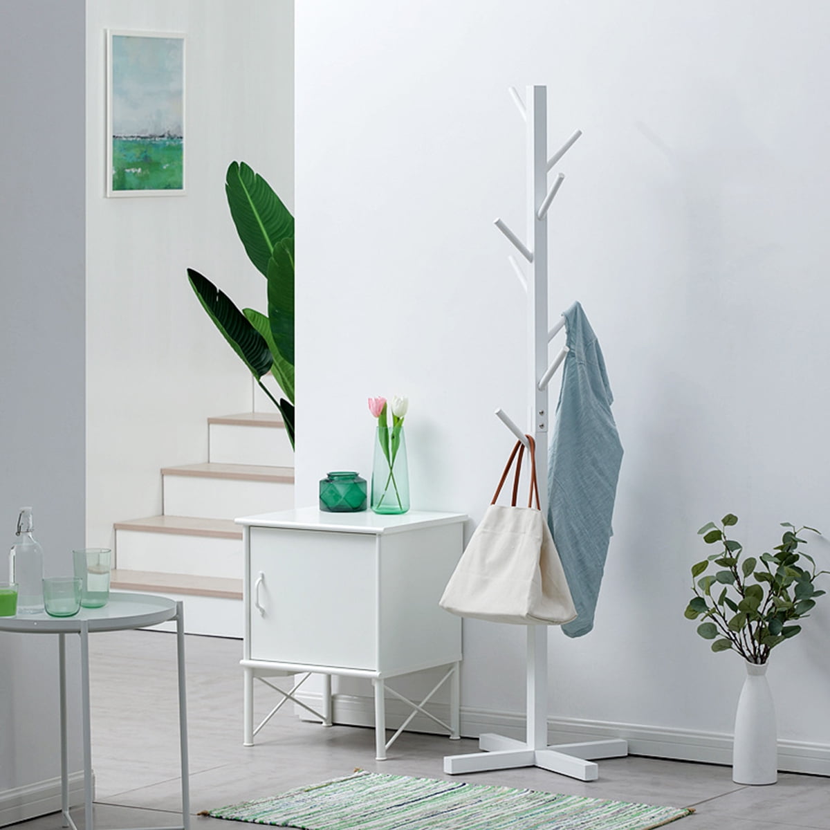 Asewin Simple Modern Solid Wood Floor Coat Rack, White