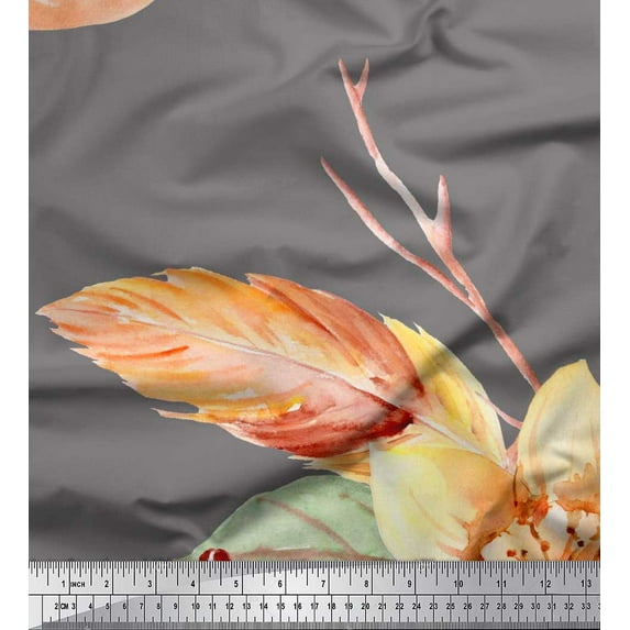 Soimoi Gray Rayon Fabric Leaves & Peach Floral Printed Fabric 1 Yard 56 Inch Wide