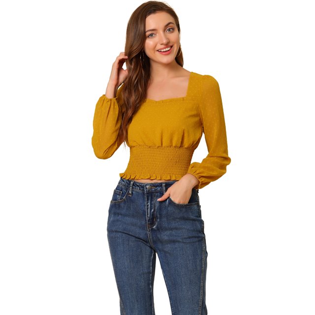 INSPIRE CHIC Women's Casual Ruffle Neck Swiss Dots Semi-sheer