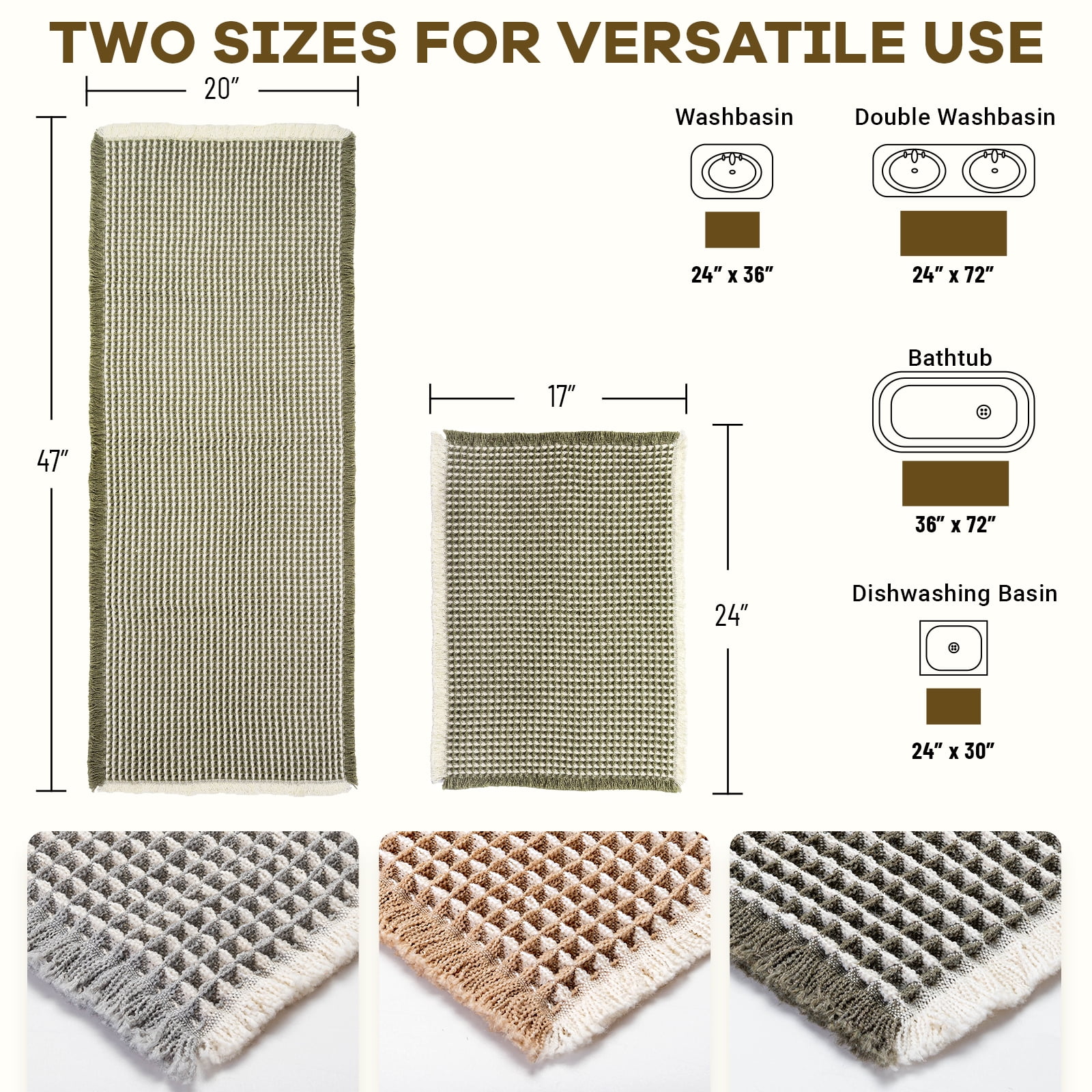 Large Waffle Bath Mat Set, Non Slip Bathroom Mat Set, Extra Soft Floor Bathroom Rugs Sets 2 Piece (20"×47" and 16"×24")