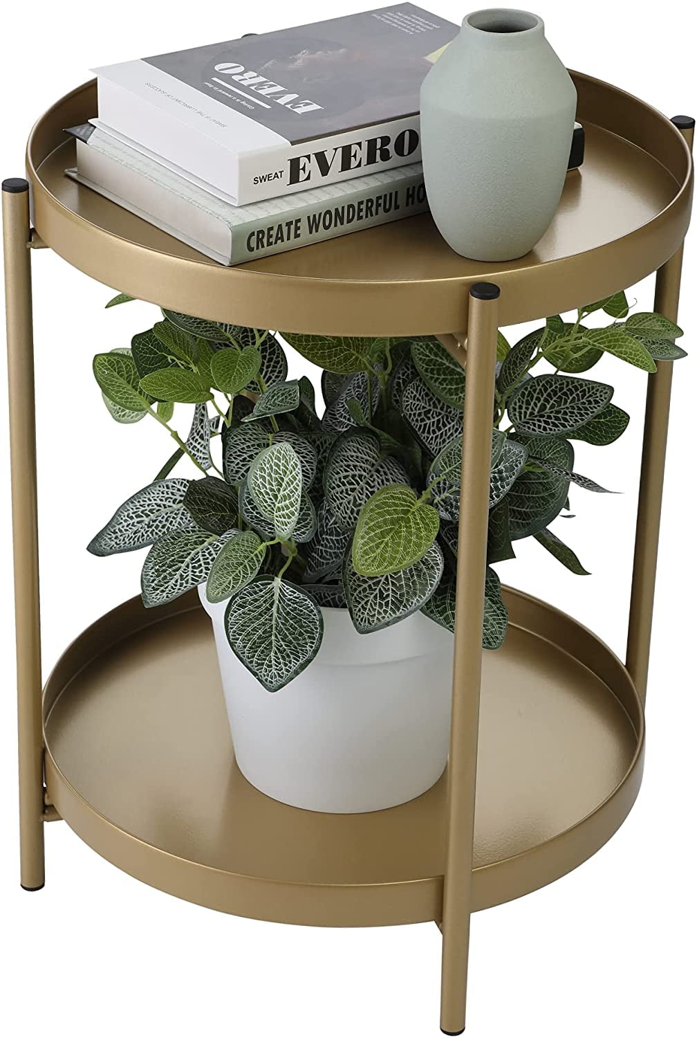 2-Tier Tray End Table, Round Metal Side Table, Folding Accent Coffee Table for Home and Kitchen, Gold