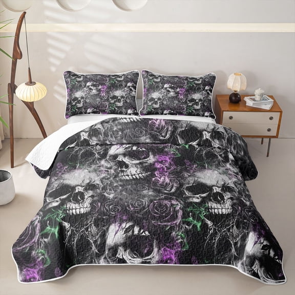 Homewish Goth Sugar Skull Twin Quilt Set,Spooky Halloween Twin Coverlet Set,2 Pieces