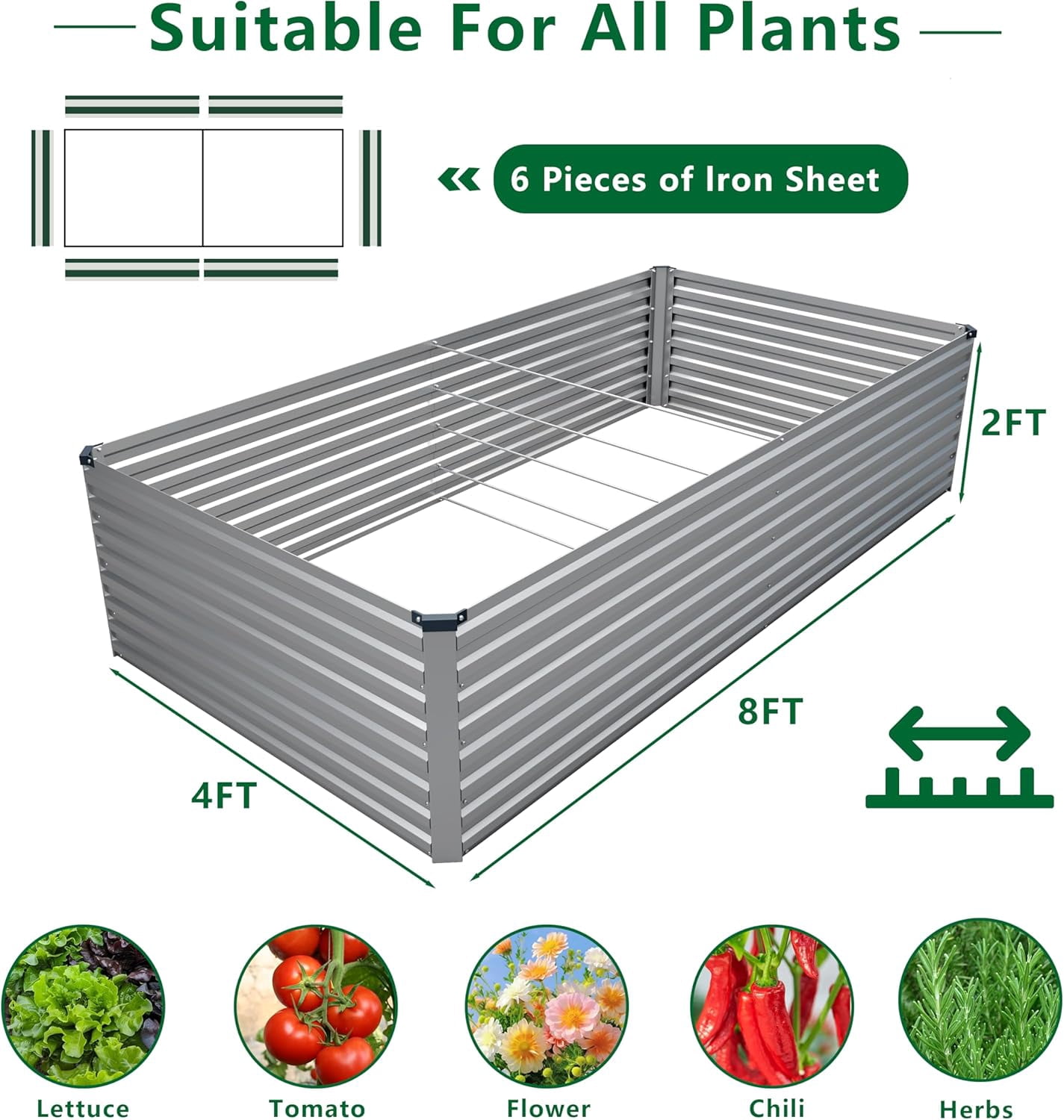 8x4x2FT Galvanized Raised Garden Bed Kit,Vegetable Plant Boxes-Rectangle Metal Flower Box,Large Planter Raised Beds Outdoor Garden for Planting,Fruit,Herb-Silver