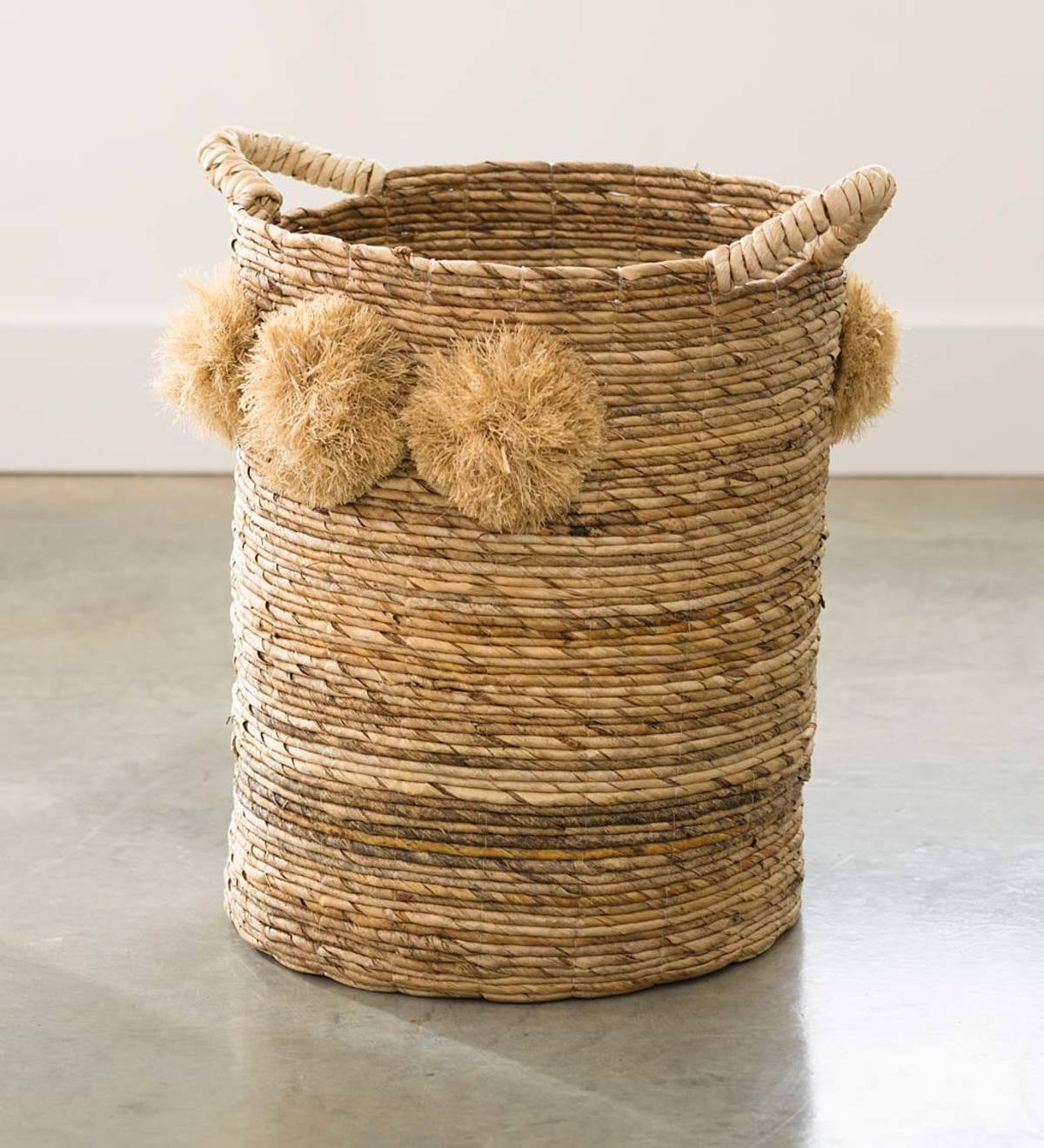 Hand Woven Banana Bark Pom Pom Basket