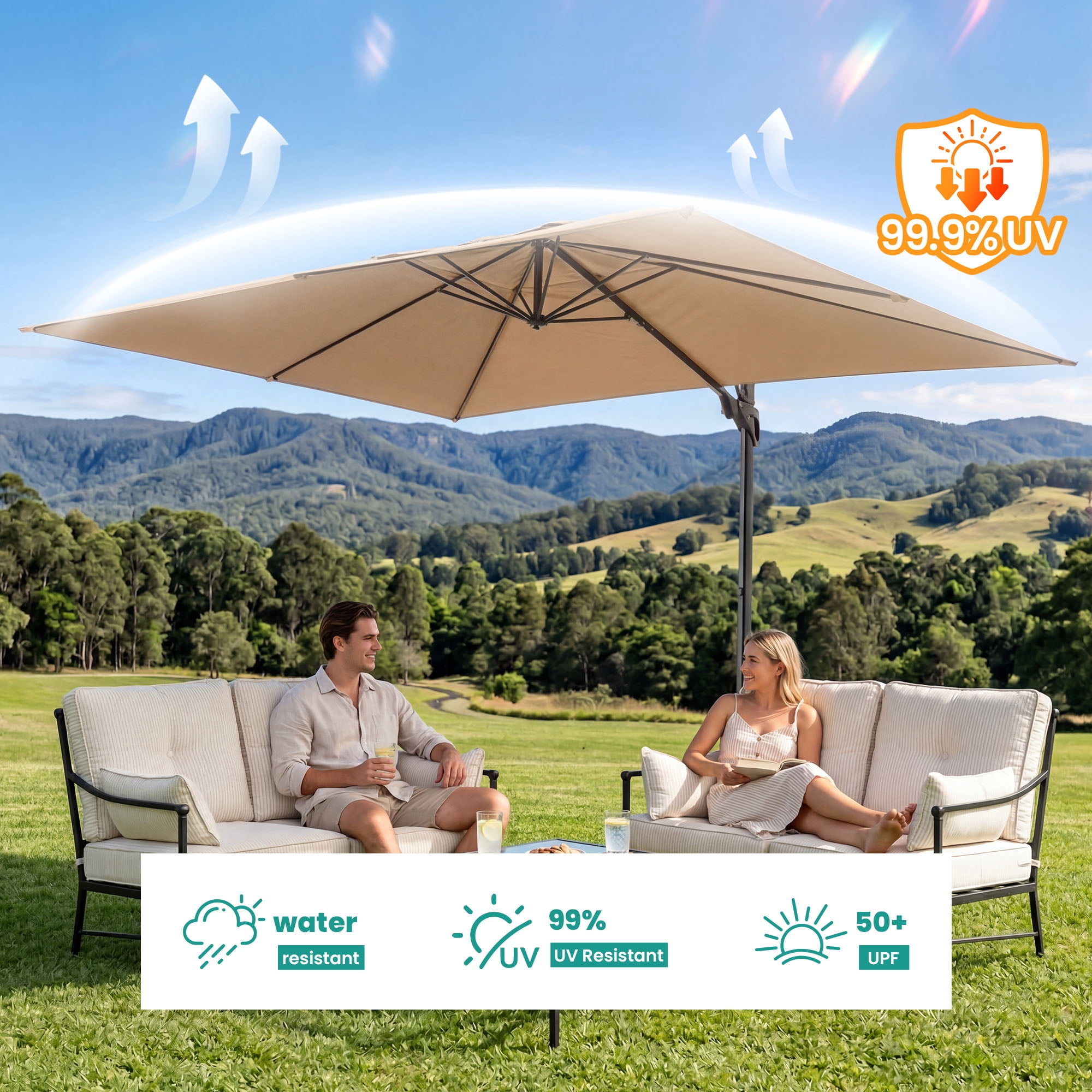 FOROUTIA 10x13ft Khaki Cantilever Patio Umbrella, 360° Rotation Offset Umbrella with 4-Level Tilt, Double Top UV50+ Waterproof Outdoor Umbrella for Pool, Backyard, Garden, Deck