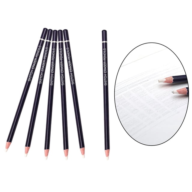 6 piezas de gomas de borrar estilo bolígrafo blesiy — set de seis lápices borrador de madera color negro con recambio de goma blanca en la punta; vista frontal con cinco agrupados y uno separado, texto blanco en el cuerpo visible; detalle circular muestra borrado de grafito sobre papel, también adecuado para retoques de ilustración y correcciones en oficina.