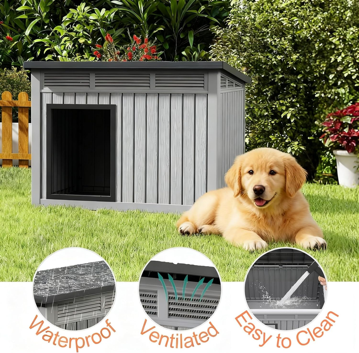Dog House Outdoor Indoor for Medium Dog - Weatherproof & Removable Roof, Easy Assemble and Clean for Small to Medium Dogs(Grey, 32.1" L × 25.1" W × 24" H)