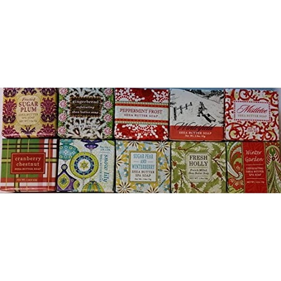 Greenwich Bay Trading Company Muestra de jabón navideño, paquete de 10 barras de 1,9 oz, solo fragancias de invierno, paquete de 10 artículos