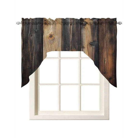 Vintage Wooden Kitchen Swag Valances for Windows, Brown Modernism Retro Farmhouse Swag Valances Curtains for Living Room, Rod Pocket Window Treatments for Bathroom, Bedroom, Cafe, 56"x36"