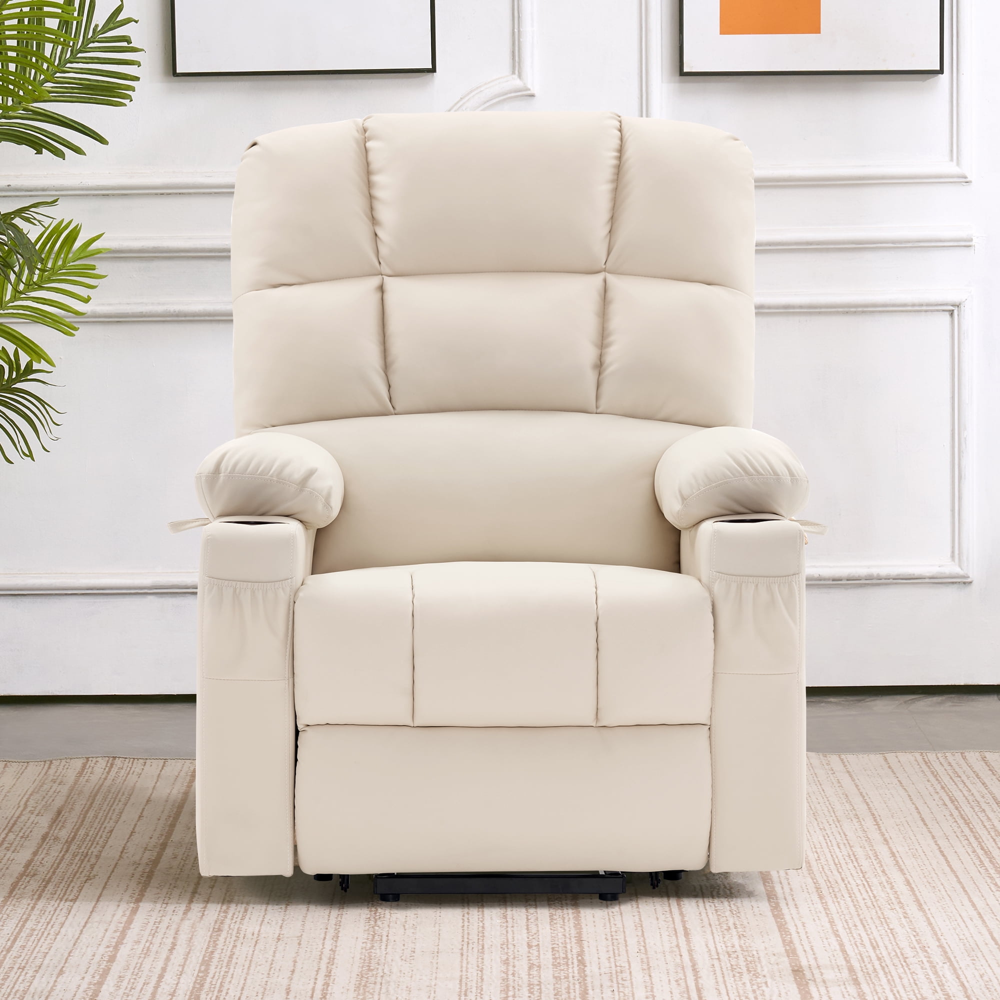 MCombo Dual Motor Large Power Lift Recliner Chair with Massage and Heat for Elderly Big and Tall People, Infinite Position, Extended Footrest, Faux Leather 7680 (Cream White, Large)