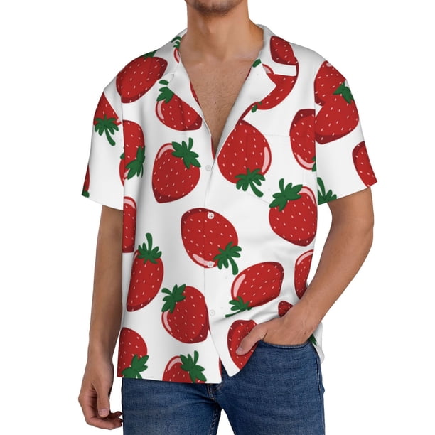 Fotbe Hand Drawn Strawberry Camisa Estampada de Manga Corta para Hombre, Casual de Verano, Estilo Playero, Sin Arrugas-3X-Large
