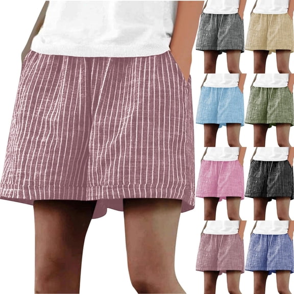 Linen Shorts for Women - Striped Print Pull on Summer Shorts with Pockets Above Knee Length Elastic Waist Loose Casual Short Pants, Green-a, XXL