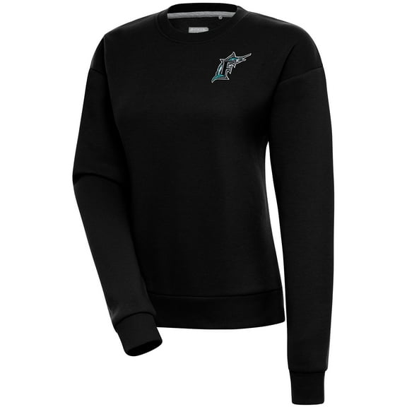 Women's Antigua Black Florida Marlins Cooperstown Victory Crewneck Pullover Sweatshirt
