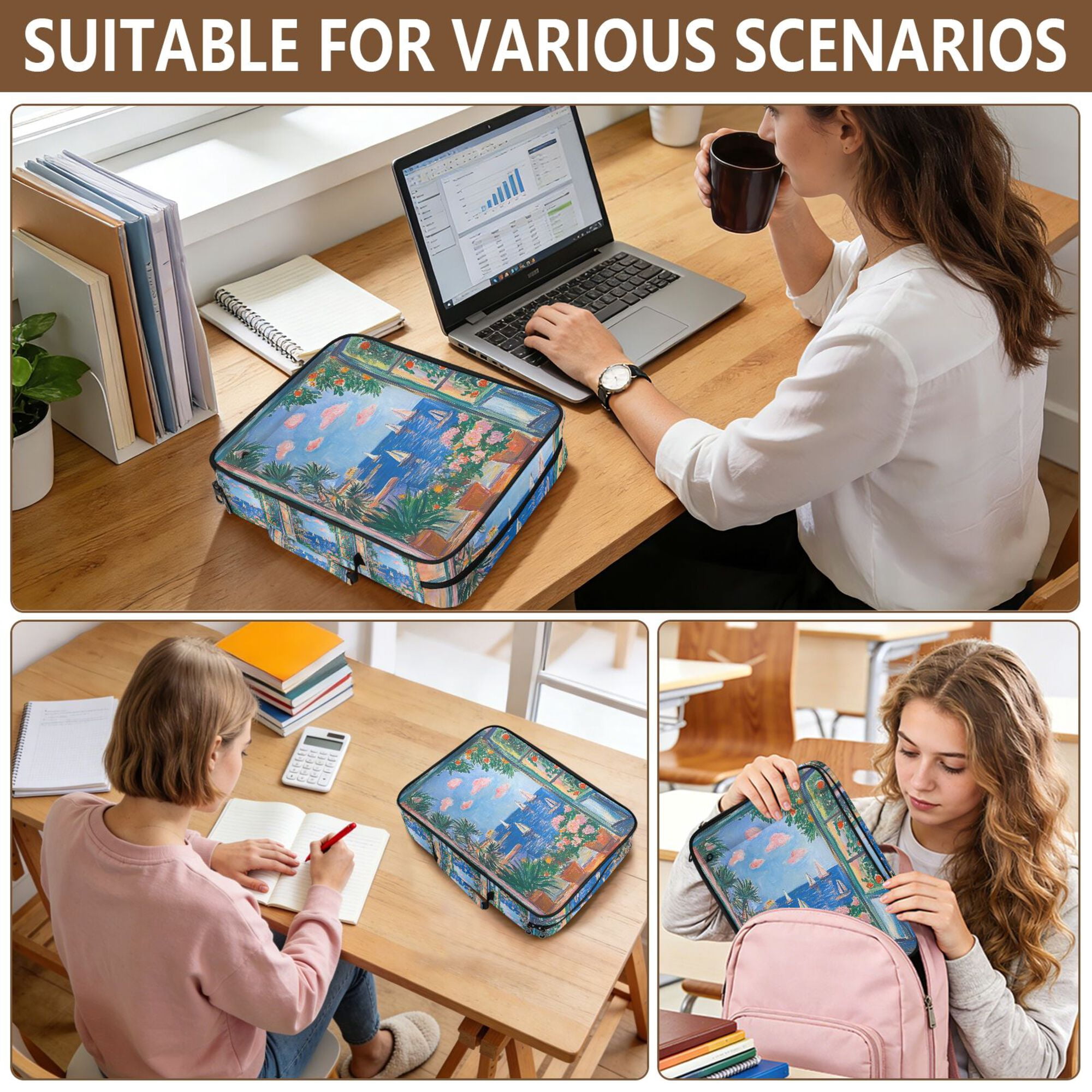 FORMRS Accordion File Folder A4 Size 7-Pocket Expanding Document Organizer Bag with 3 Ring Binder, Sea Window