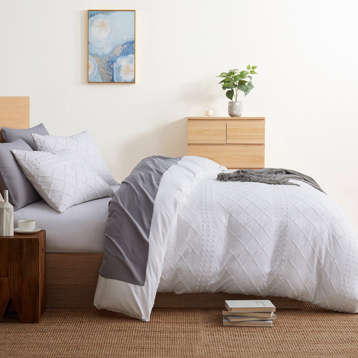 Nestl Boho 3 Piece Duvet Cover Set, Tufted Embroidery Double Brushed Duvet Cover with Button Closure with 2 Pillow Shams, King (90"x104") - White