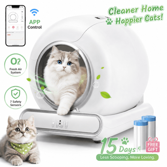 Automatic Cat Litter Box, Self Cleaning Litter Box w/ 100L 15 Large Capacity, APP Control,Safety Protection Sensors,Ion Deodorization Technology,Multi Cat Self Cleaning Litter Box for Cats 2.2-33lbs