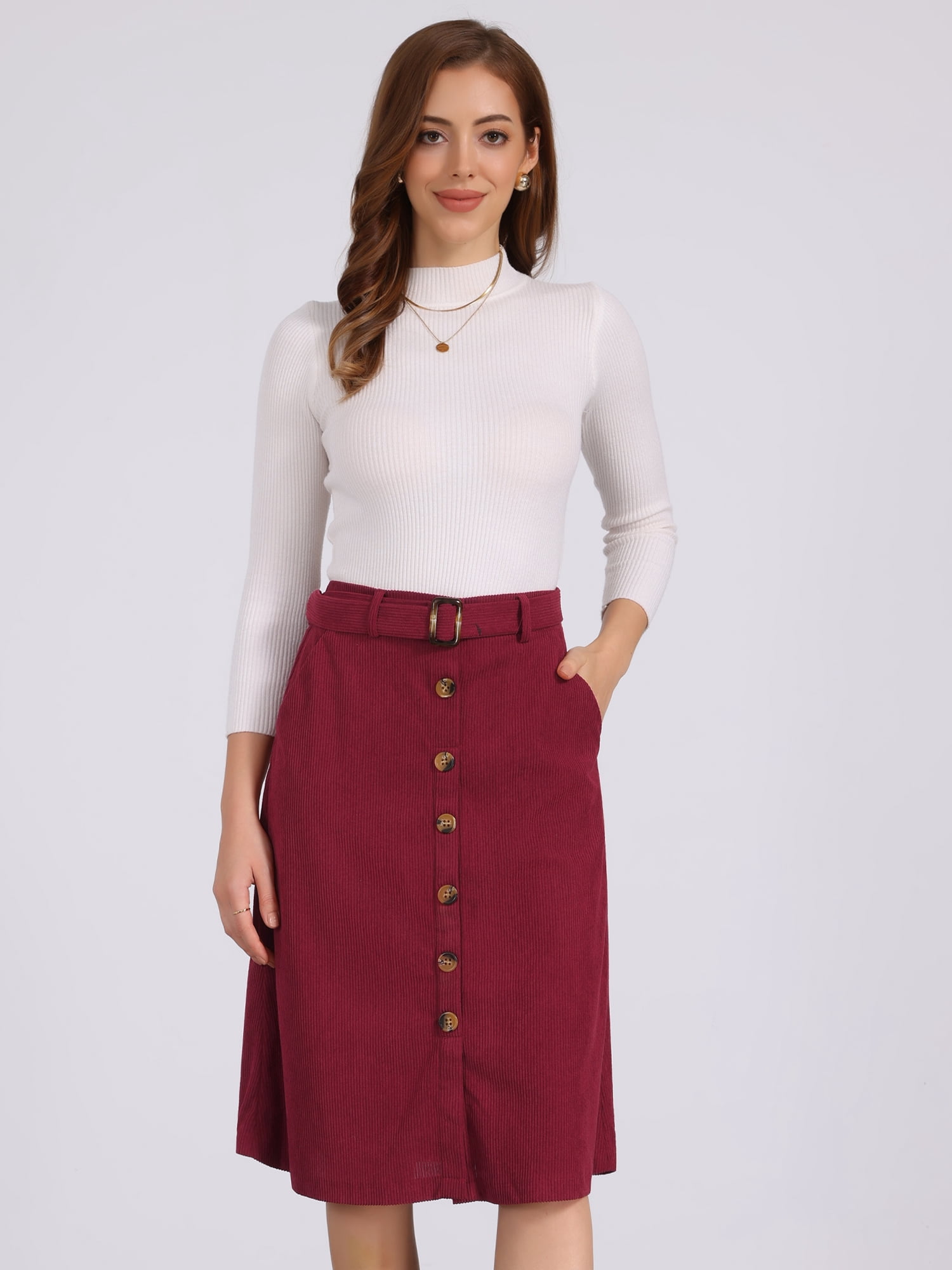 DARING DIVA Women's High Waist Button Front A-Line Belted Corduroy Skirt L Wine Red