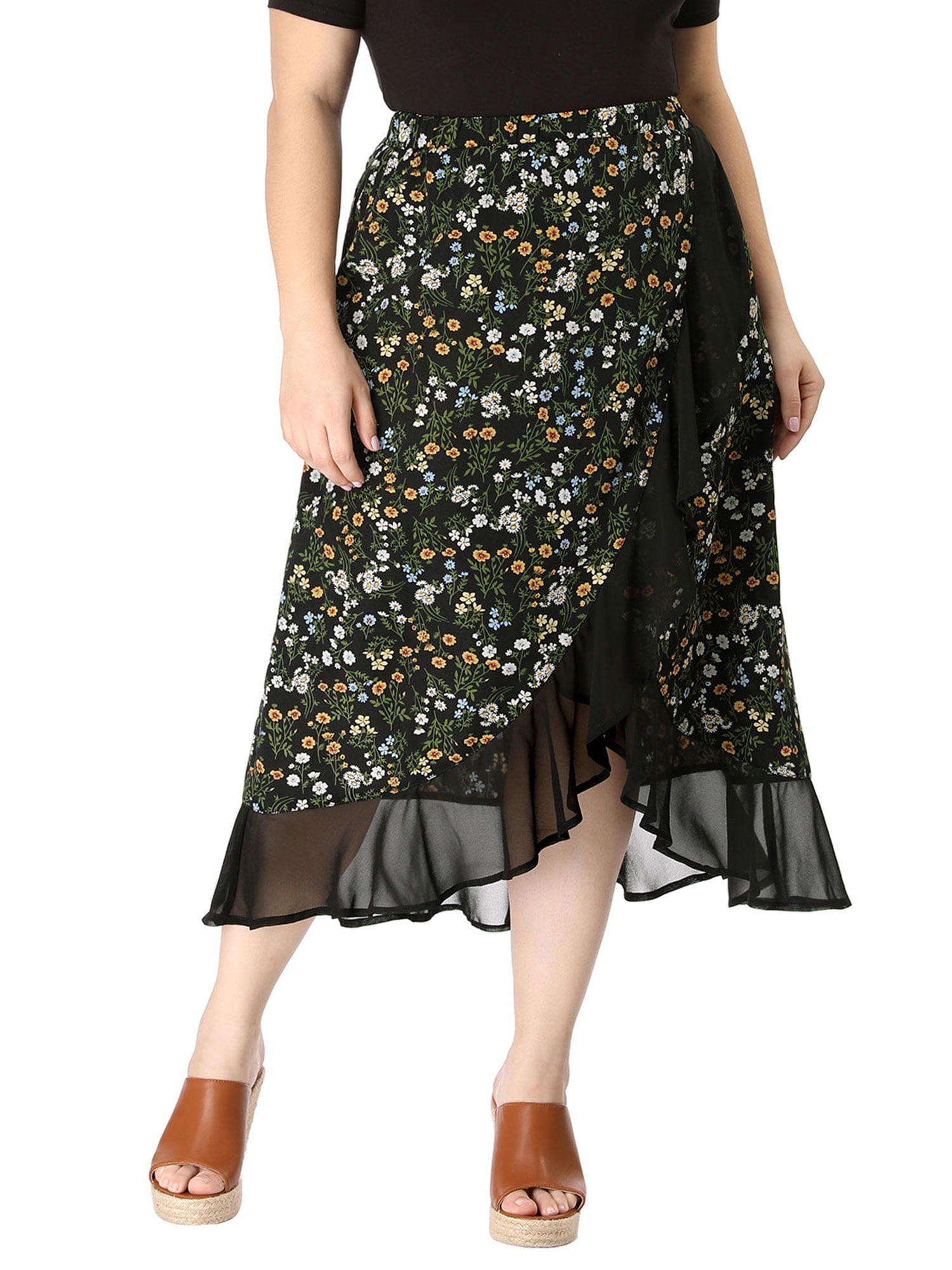Women's Plus Size Floral Elastic Waist Ruffle Wrap Midi Skirt Black 3X Walmart Canada