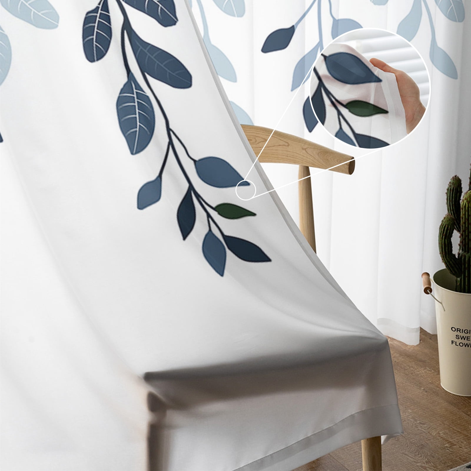 Sheer Curtains 108 inches Long, Plants Blue Leaves Farmhouse Style Gradient Light Filtering Sheer Window Curtains Rod Pocket Voile Drapes for Bedroom Living Room, 52"W x 108"L 2 Panels