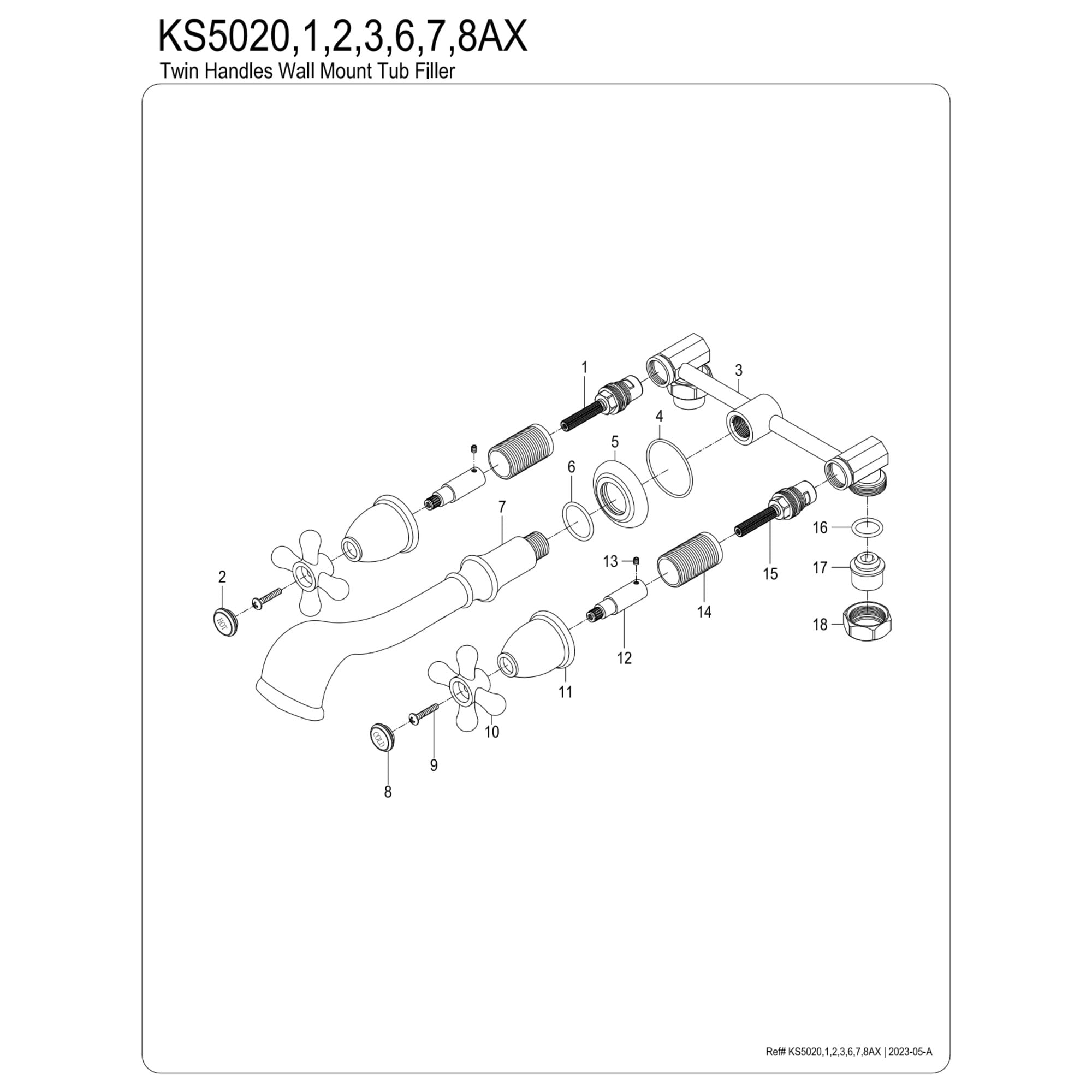 Kingston Brass KS5026AX  Two-Handle Wall Mount Roman Tub Faucet, Polished Nickel