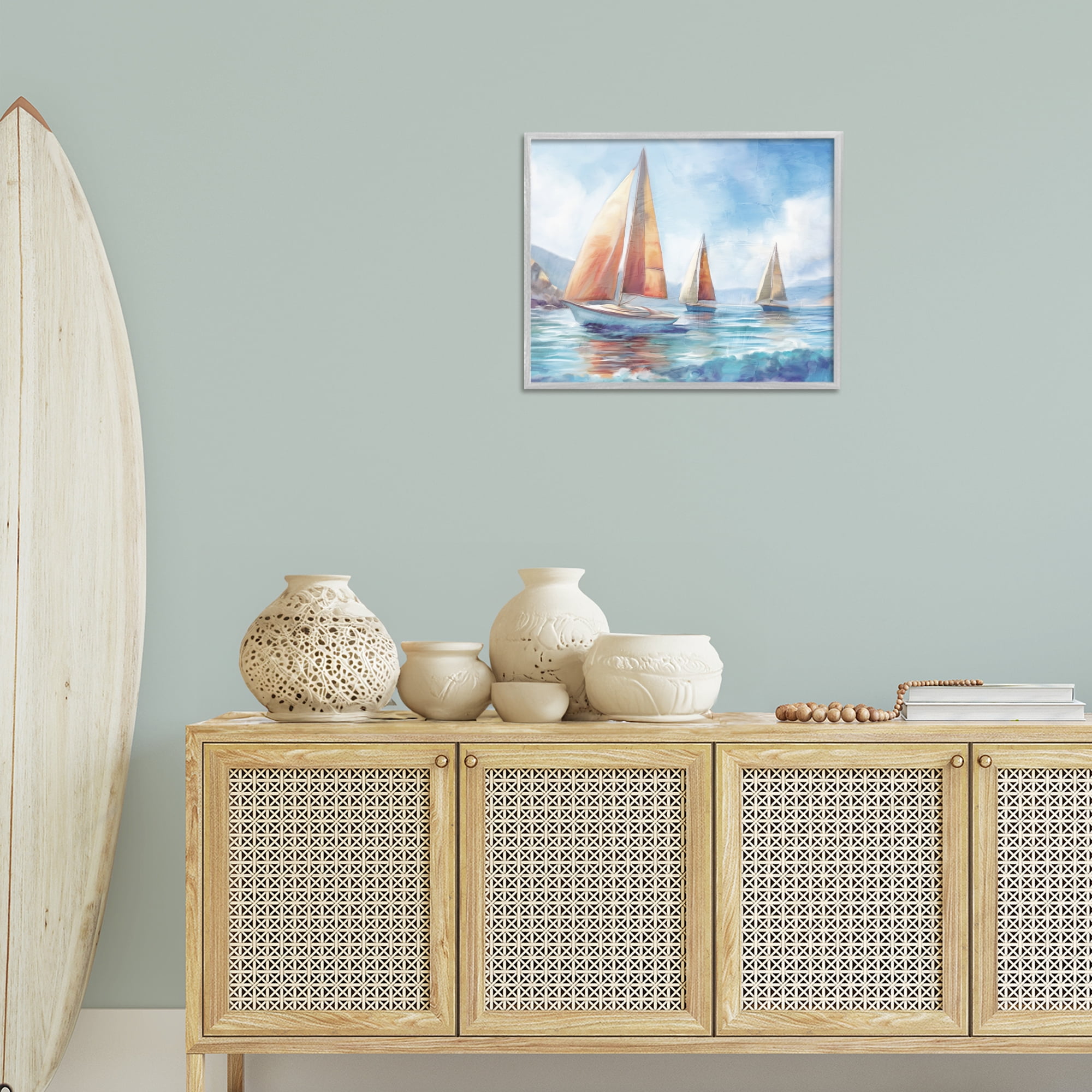 Stupell Industries Three Boats Drifting Coastal Painting Gray Framed Art Print Wall Art, 20 x 16