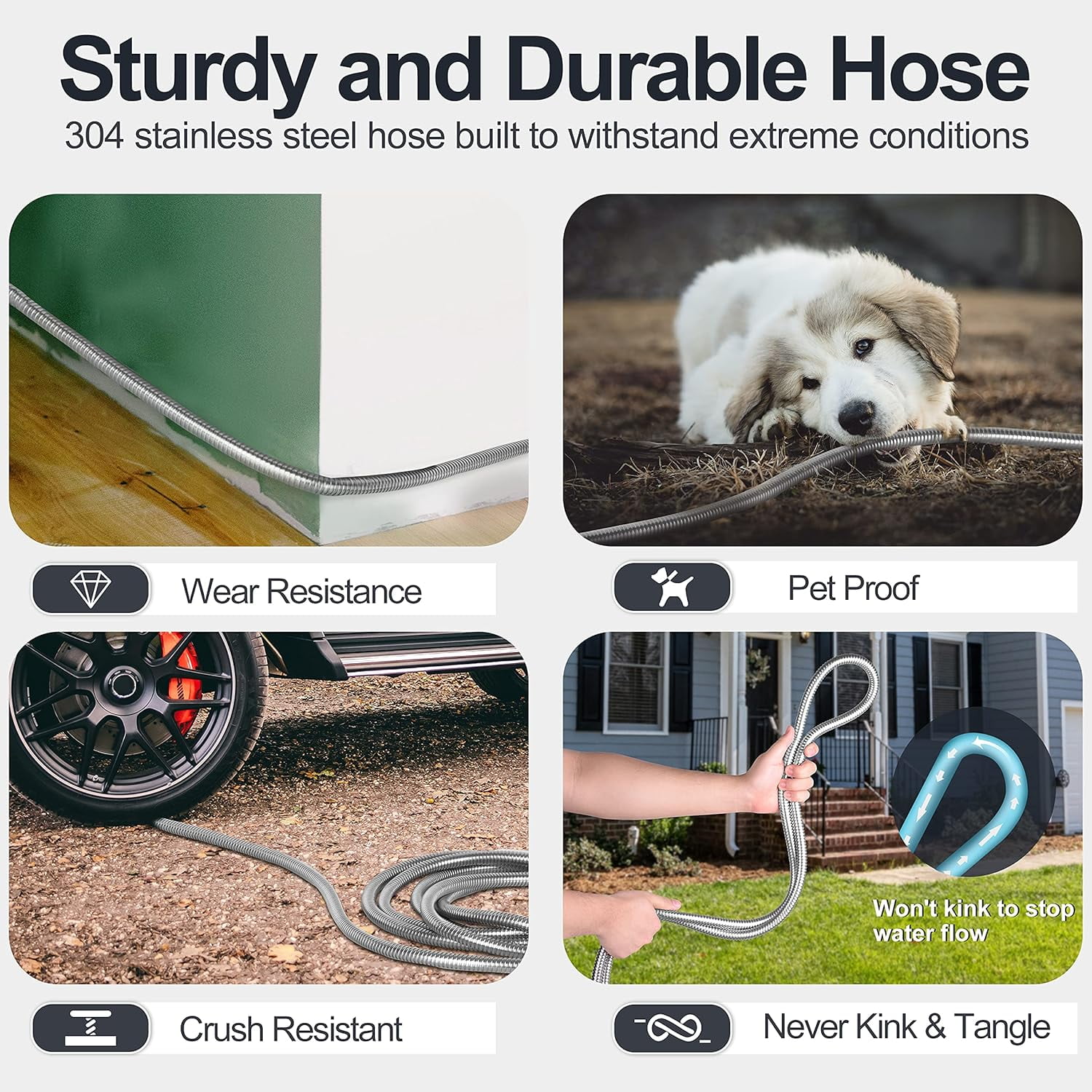 50ft 304 Stainless Steel Garden Hose Metal, Heavy Duty Water Pipe with Nozzles for Yard, Outdoor - Flexible, Never Kink & Tangle, Puncture Resistant (Sliver)