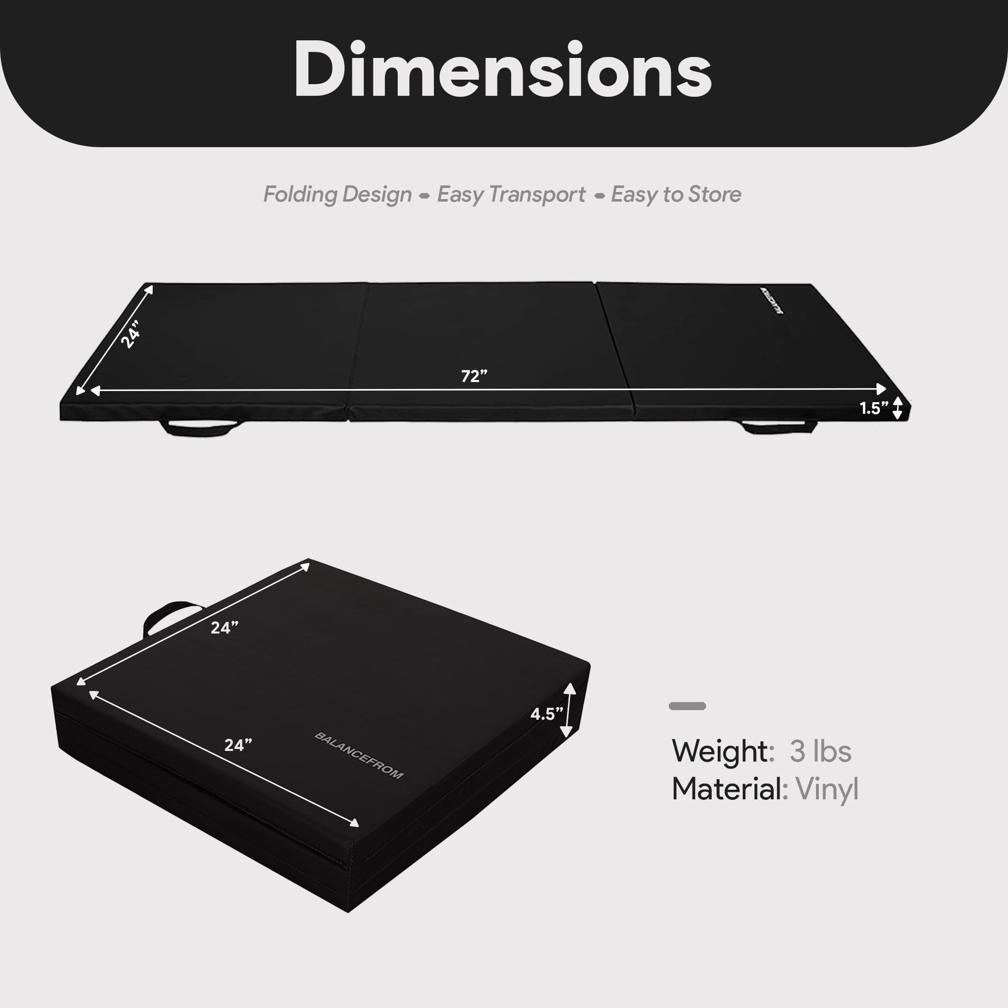 BalanceFrom 6ft x 2ft x 1.5in 3-Panel All-Purpose Folding Gymnastics Mat, Black