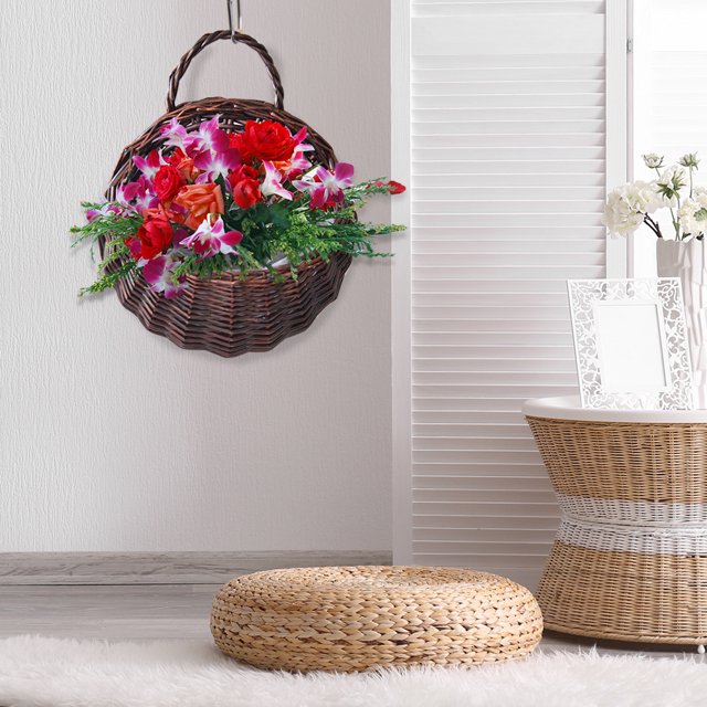 Cesta tejida de mimbre hecha a manocontenedor de flores secas montado en la pareddecoración de jardín Ndcxsfigh Para estrenar
