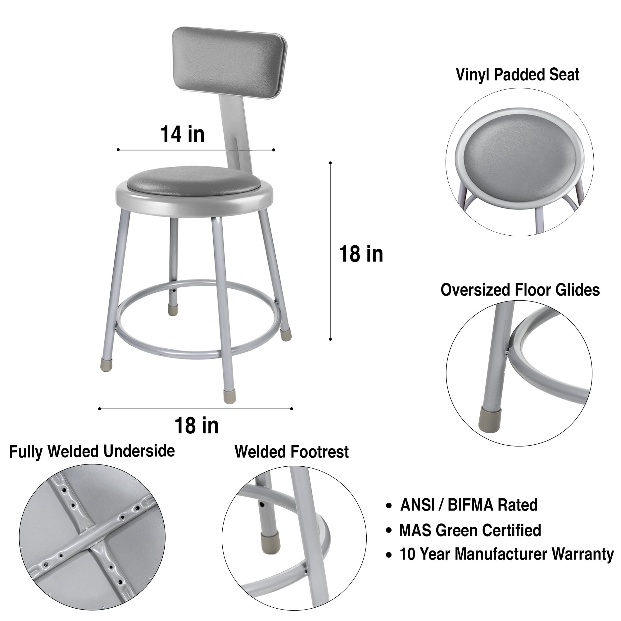 Hampden Furnishings Otto Collection 18" Vinyl Padded Stool with Backrest, Grey, Pack of 2